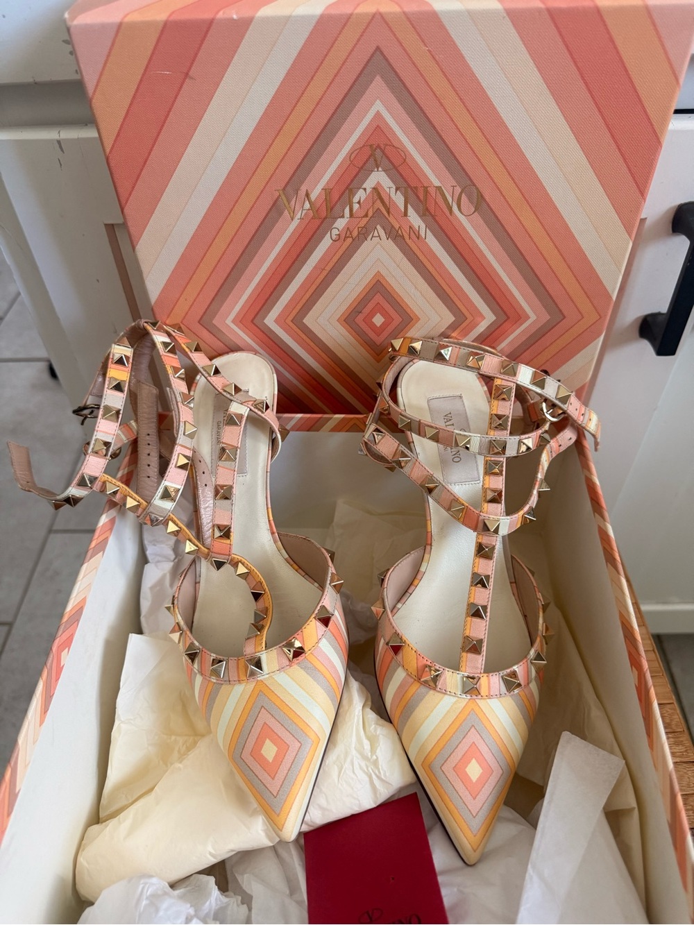 Valentino Garavani Multicolor Peach Pink Cream Studded T-Strap Pointed Heels